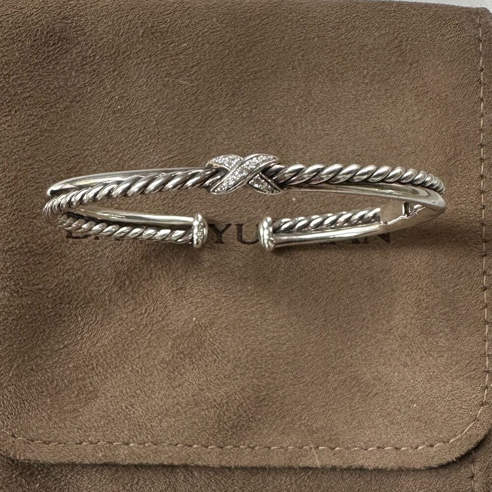 David Yurman Silver Cable X Cuff Bracelet with Pavé Diamonds